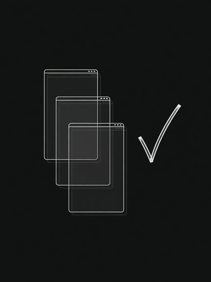 Stacked screenshot frames beside a checkmark